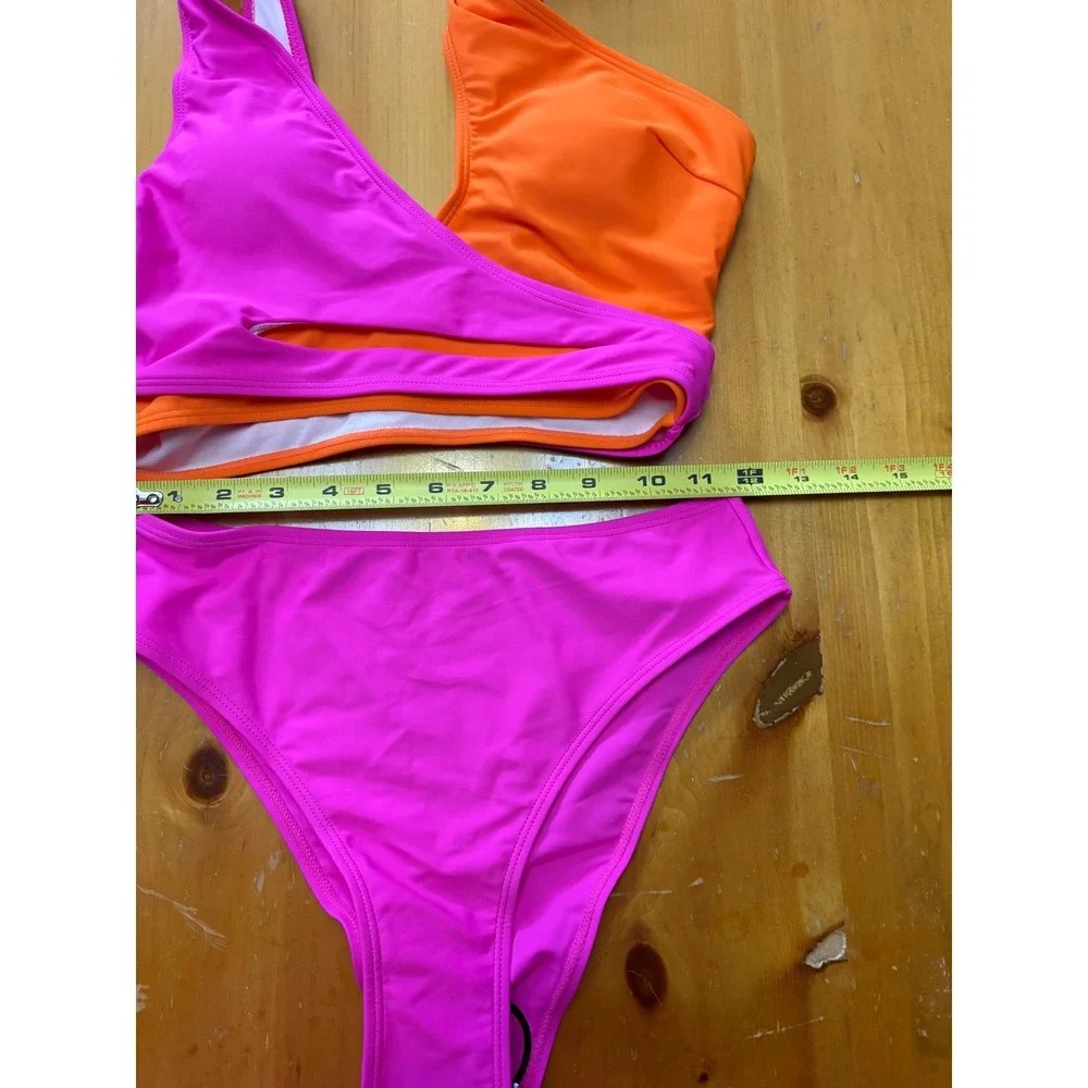 Neon Pink Orange Colorblock One Shoulder Cutout Bikini Set High Waist Small